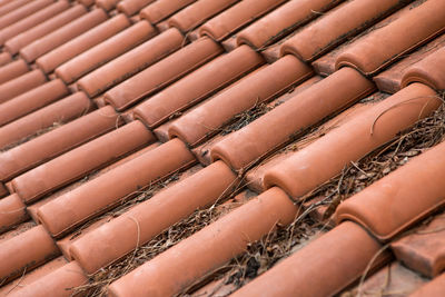 Orange clay tiles on the roof with dry branches