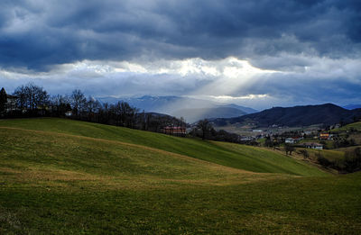 Scenic view of green landscape against sky