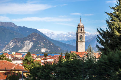 View of townscape by building against sky