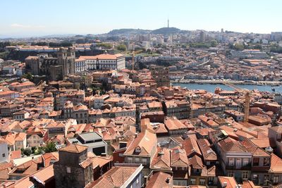 Aerial view of town against sky