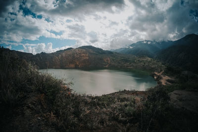 Scenic view of lake and mountains against sky