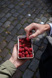 Cropped hand of woman giving raspberry to man on footpath