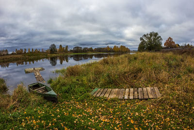 View of calm lake against cloudy sky