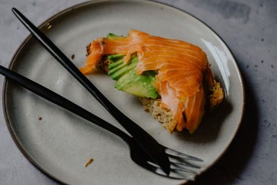High angle view of fish in plate on table