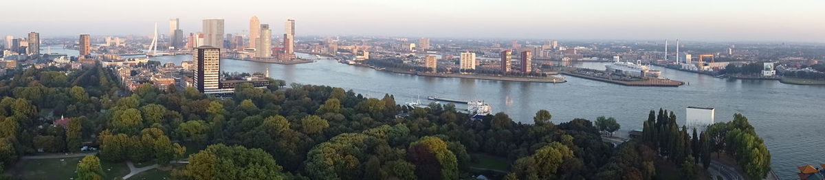 High angle view of city at riverbank