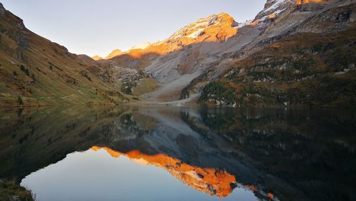 Scenic view of lake and mountains against sky