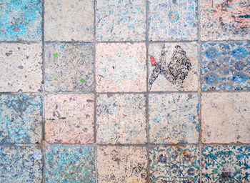 Old weathered turkish tiles with silhouettes of dervishes. traditional turkish patterns. 