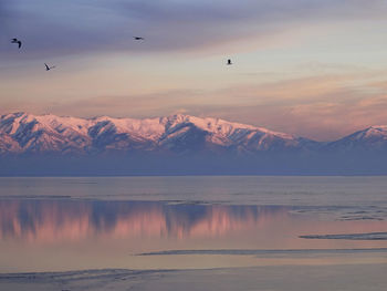 Scenic view of snowcapped mountains against sky during sunset