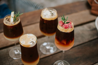 High angle view of beer in glass on table