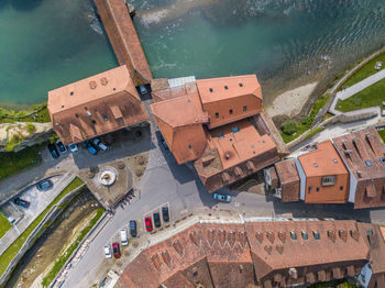 High angle view of buildings in city