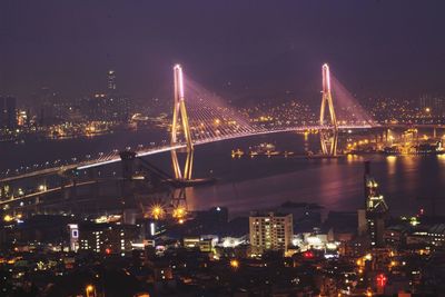 Illuminated bridge over river in city at night