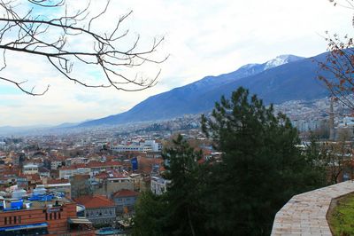 View of townscape with mountain in background
