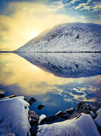 Scenic view of snowcapped mountains against sky during sunset