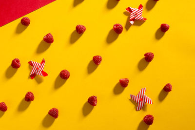 Directly above shot of raspberries on table