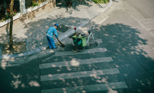 High angle view of people working in city