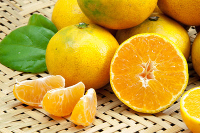 Close-up of oranges in basket