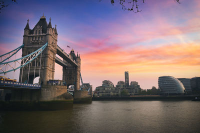 View of bridge over river and buildings against sky