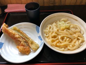 High angle view of meal served on table