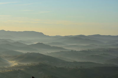 Scenic view of mountains against sky during sunset