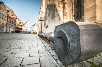 Battering ram in front of medieval church marienkirche in reutlingen