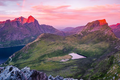 Scenic view of mountains against sky during sunset