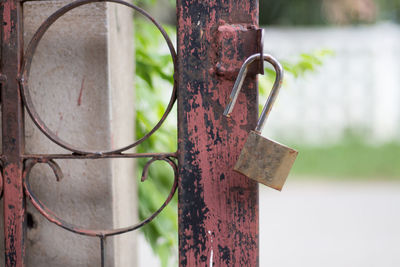 Close-up of padlock on metal fence