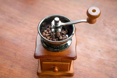 High angle view of drink in container on table