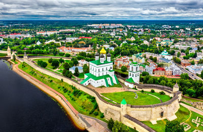 High angle view of buildings in city