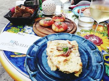 High angle view of food in plate on table