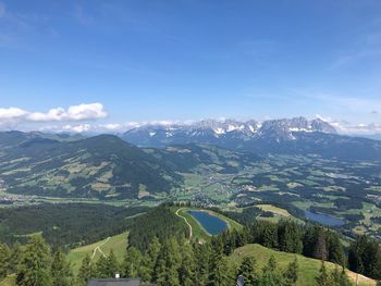 Aerial view of landscape and mountains against sky