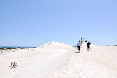 People walking on beach against clear blue sky