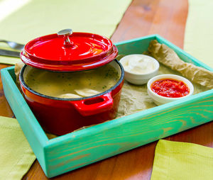 High angle view of fruits in bowl on table