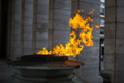 Close-up of fire at historic building