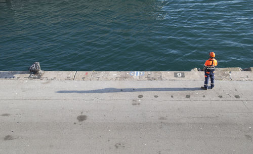 Rear view of man standing in sea