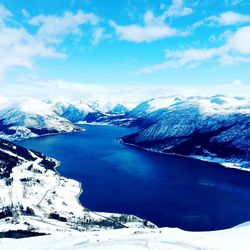 Scenic view of lake against cloudy sky