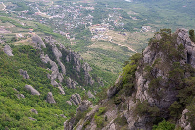 High angle view of valley and mountains