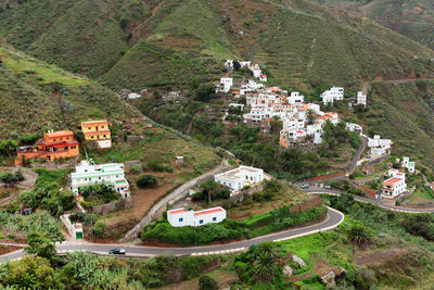 High angle view of houses in town