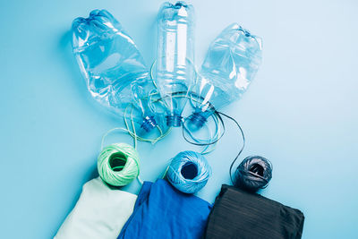 High angle view of glass bottle on table