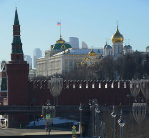 View of buildings against clear sky