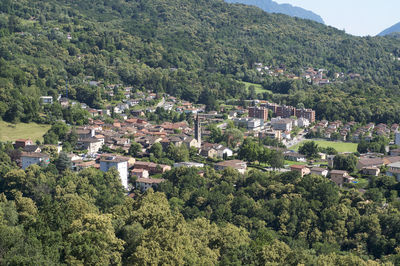 High angle view of townscape and trees