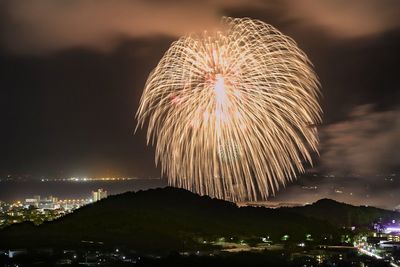 Firework display over city against sky at night