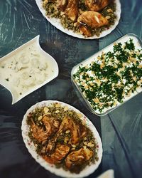 High angle view of food served on table