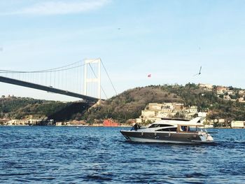 View of suspension bridge in city