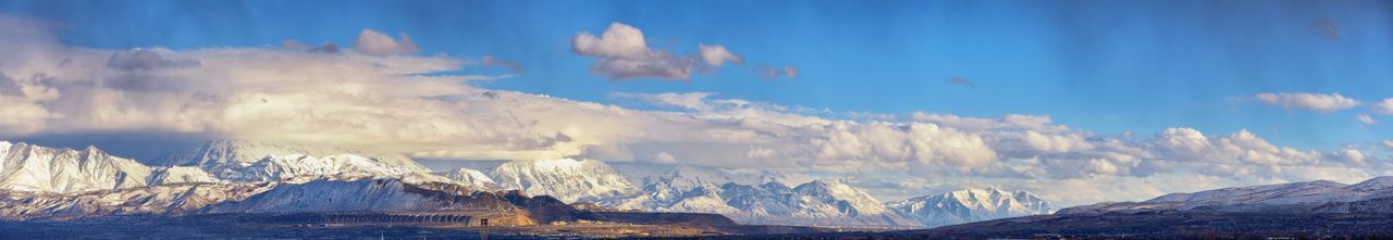 Panoramic view of snowcapped mountains against sky