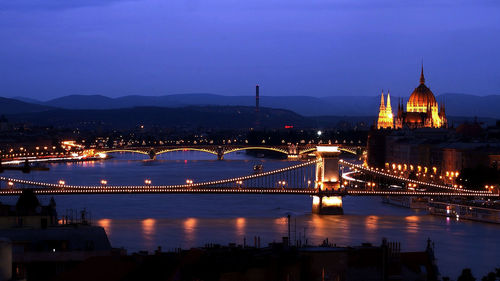 High angle view of illuminated szechenyi chain bridge and hungarian parliament building at night