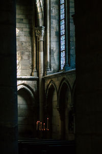 Exterior of historic building seen through window