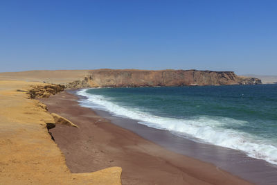 Scenic view of beach against clear blue sky