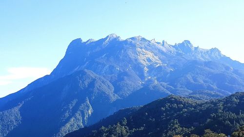 Scenic view of snow mountains against clear blue sky