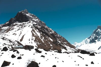 Scenic view of snowcapped mountains against clear sky