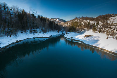 Scenic view of lake against sky during winter